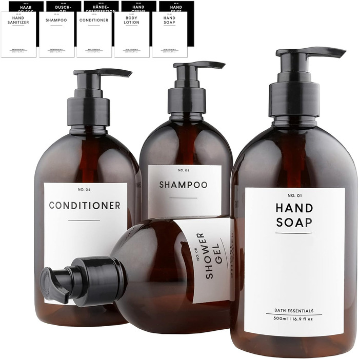MONOKO Набір з 4 дозатори для мила, 500 мл, чорний, пластик, з наліпками (коричневий)