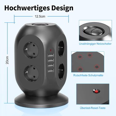 Багатофункціональна мережа живлення Colstar з 4 USB, 8 розеток, захистом від перенапруги, 2м кабелем, для дому та офісу, чорна