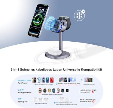 MOGU Бездротова зарядна станція 3-в-1 з магнітною фіксацією та охолодженням TEC, 15W, сумісна з MagSafe iPhone 12-17, Samsung S24-S26, Apple Watch, AirPods + адаптер 45W