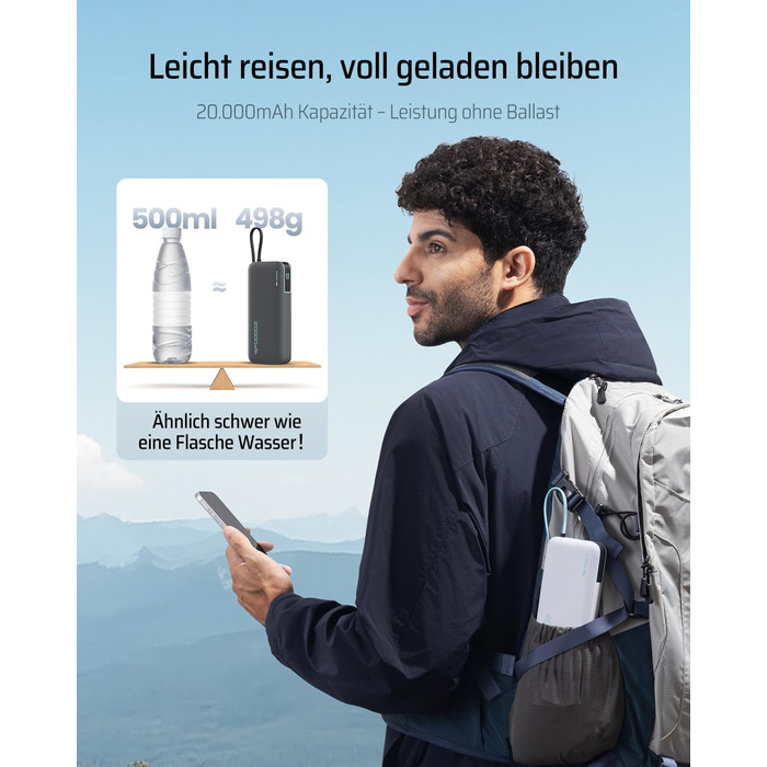 Power Bank CUKTECH 20000mAh з USB-C кабелем, 45W, Digital Display, для iPhone, MacBook, Galaxy, темно-сірий