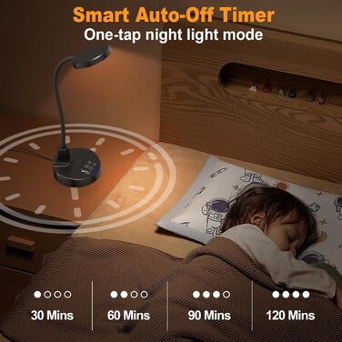 LED настільна лампа 15W з USB-A та USB-C, диммування, 3 колірні температури, 5 рівнів яскравості, таймер, гнусий 360° шийка, захист для очей, для офісу та спальні - Чорний, 3.5 дюйми