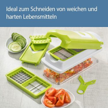 Набір для нарізки овочів Genius Nicer Dicer Smart (14 шт.) - набір для нарізки кубиками, соломкою, слайсами, смужками та чвертями, з рецептами. Включає салатослайсер, мандоліну та овочечистка.