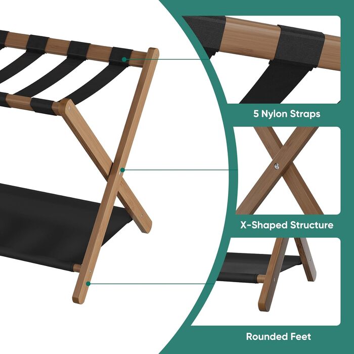 Smuxee Walnut Bamboo Luggage Rack for Guest Rooms, Folding Suitcase Stand with Storage Shelf, Lightweight Assembled Luggage Rack with 5 Nylon Straps for Guest Rooms Bedrooms Hotel