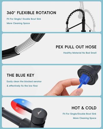 Кран кухонний APPASO 3-в-1 чорного кольору з трьома виходами, для фільтрації води, поворотний на 360°, з двома ручками, з нержавіючої сталі, низький тиск