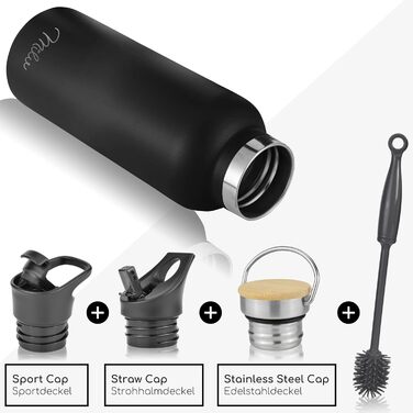 Термофляга Milu з нержавіючої сталі 500мл, 750мл, 1000мл (+3 кришки) - термос з трубочкою, ізольована пляшка, вилкафляка, подвійні стінки, підходить для газованої води (Чорний, 500мл)
