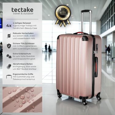 Набір валіз Tectake 4 шт. з відстібними колесами 360°, валізи з жорсткою оболонкою та TSA замком, велика валіза з роздільником, ручна валіза, телескопічна ручка - шампань (рожеве золото)
