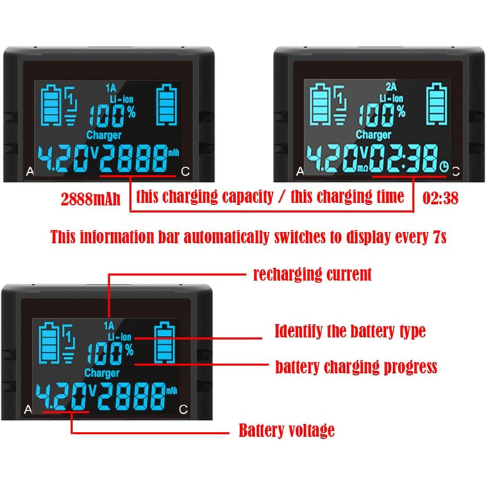 Зарядний пристрій LCD для акумуляторів AA, AAA, 18650, 26650, 21700, RCR123A, NI-MH/NI-Cd, 3.7V/1.2V, 2A, з дисплеєм