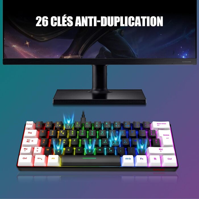 RedThunder K62 Бездротова ігрова клавіатура та миша, RGB, AZERTY, 62 клавіші, міні, для PC/PS5 (Чорний/Білий)