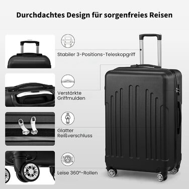 Набір валіз LEADZM 3 шт. з колесами, великий, жорсткий ABS+PC, телескопічна ручка, ручна поклажа (Чорний)