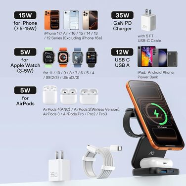 Бездротова зарядна станція AC Island 5-в-1 для iPhone 17/16/15/14/13/12, Apple Watch Ultra/11 та AirPods Pro, MagSafe, складана, срібляста (з адаптером 35W)