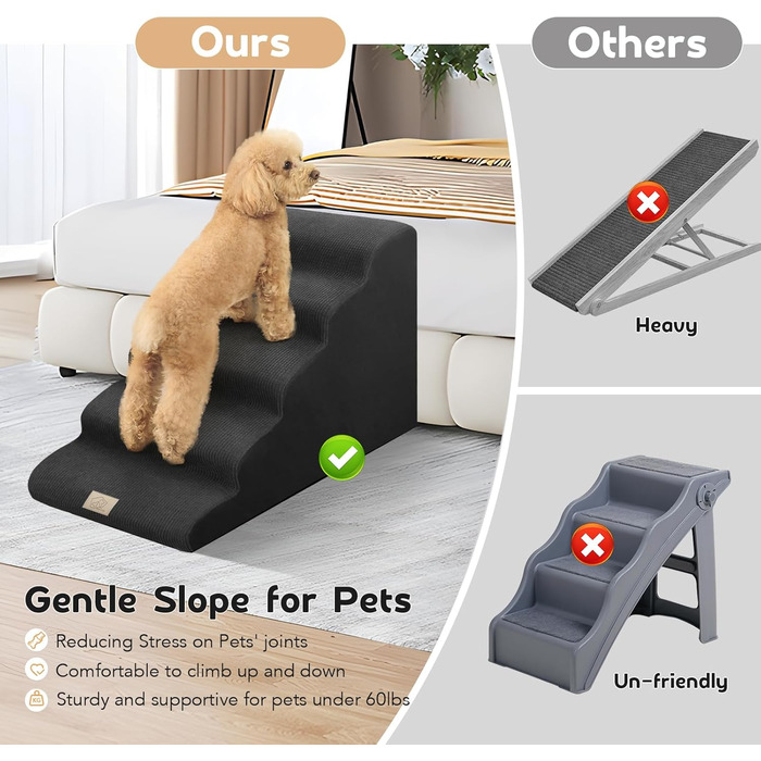 Сходинки для домашніх тварин HaustierTreppe з 5 сходинок для маленьких собак та котів, 30D пінополіуретан, антиковзаюча основа, короткі ніжки, подарунок - роликовий валик для шерсті чорного кольору