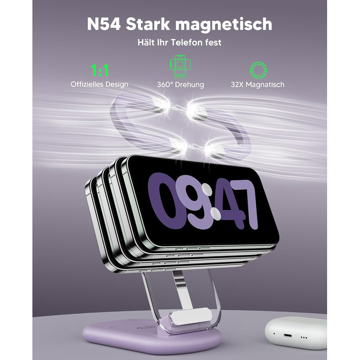 Зарядний пристрій MagSafe 3-в-1 для Apple Watch та iPhone: фіолетовий колір. Підходить для iPhone 17, 16, 15, 14, 13, 12 Pro Max/Air/Plus/Pro та Apple Watch 10/9, Airpods 3/2/Pro