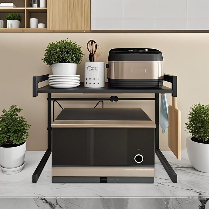 Стійка для мікрохвильової печі, 2-ярусна, чорна. Розширювана, з 6 гачками. Розміри: 36–57 x 36,5 x 80 см