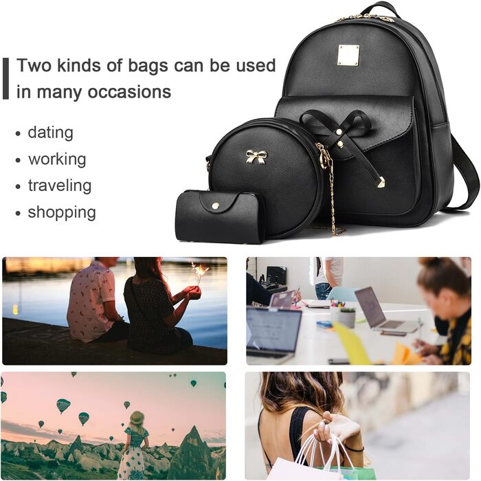 Жіночий рюкзак з PU шкіри: стильний, для подорожей, школи, роботи. Набір чорного кольору