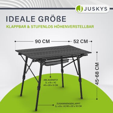 Стол для кемпінгу Juskys Picco - алюмінієвий, 90x52 см, легкий, складний, регульований по висоті - для кемпінгу, саду, відпочинку на природі. Чорний