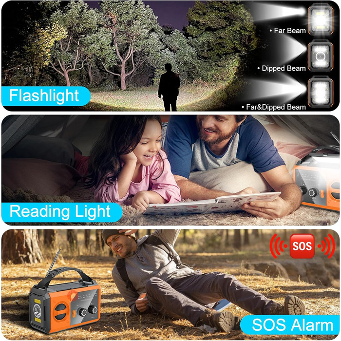 Радіо Kurbelradio на 27000mAh з Bluetooth, сонячне радіо з зарядкою для мобільного телефону, AM/FM портативне аварійне радіо, ліхтарик, зарядний пристрій та комплект для аварійних ситуацій Blackout, для кемпінгу та будівельних майданчиків, помаранчевий