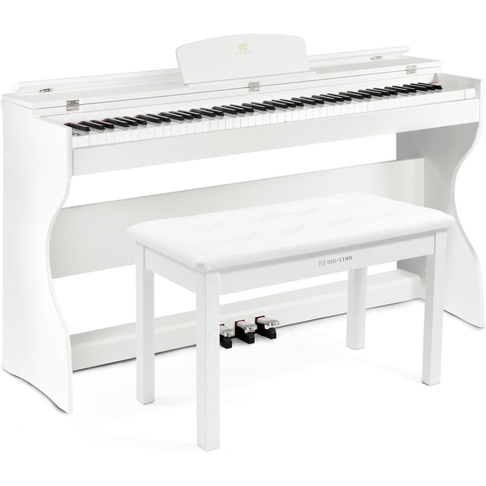 Електронне піаніно MUSTAR 88 клавіш з табуретом, цифрове піаніно, електричне піаніно з підставкою, 3 педалі, 2 роз'єми для навушників, LCD-дисплей, USB/MIDI, піаніно для початківців, чорний колір