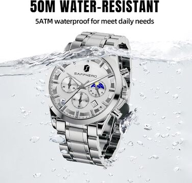 Годинник BENYAR для чоловіків: Хронограф, аналоговий кварц, водостійкий, з датою. Елегантний бізнес-стиль, ідеальний подарунок. Срібний браслет, біле циферблат.