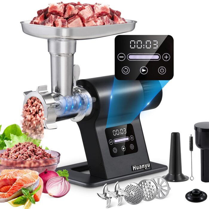М'ясорубка електрична Huanyu 2000 Вт з сенсорним керуванням, багатофункціональна з 2 ножами та 3 дисками