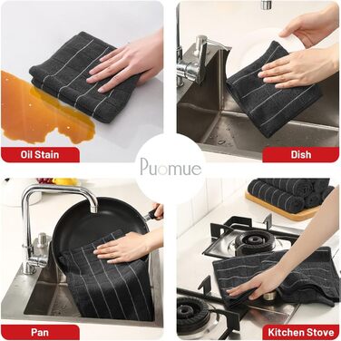 Puomue Microfiber Kitchen Towels and Dishcloths Set, 66 x 45 cm and 30.5 x 30.5 cm, Set of 12 Lint-Free Dishcloths for Drying Dishes (black)