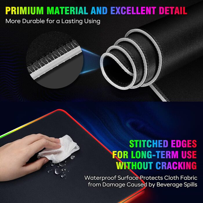 Килимок для миші гімнастичний Gimars RGB, XXL 800x300x5 мм, вологостійкий, з підсвічуванням 12 LED, чорний