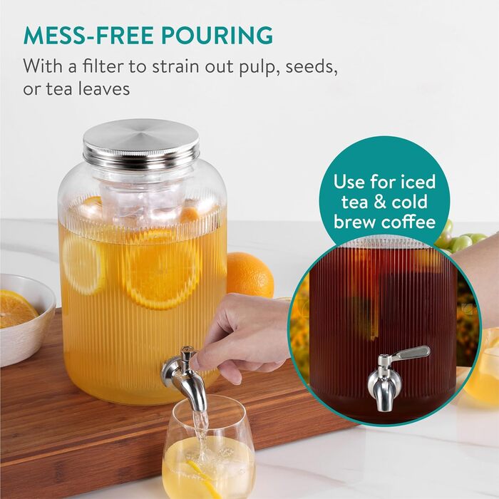 Navaris Drink Dispenser with Tap - Punch Bowl with Lid - Glass Drink Dispenser with Tap - Glass Water Dispenser - Lemonade Dispenser - Juice Dispenser - 4 Liters