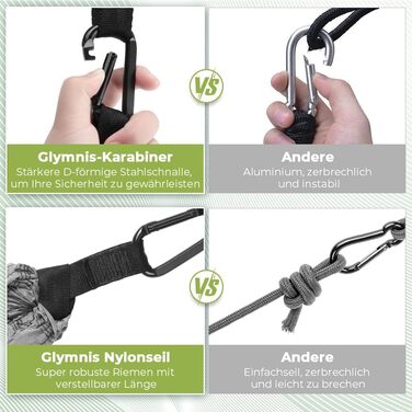 Гамак туристичний Glymnis Ultraleicht Outdoor 300x200 см, зелено-сірий, з мотузками та карабінами, вантажопідйомність 300 кг