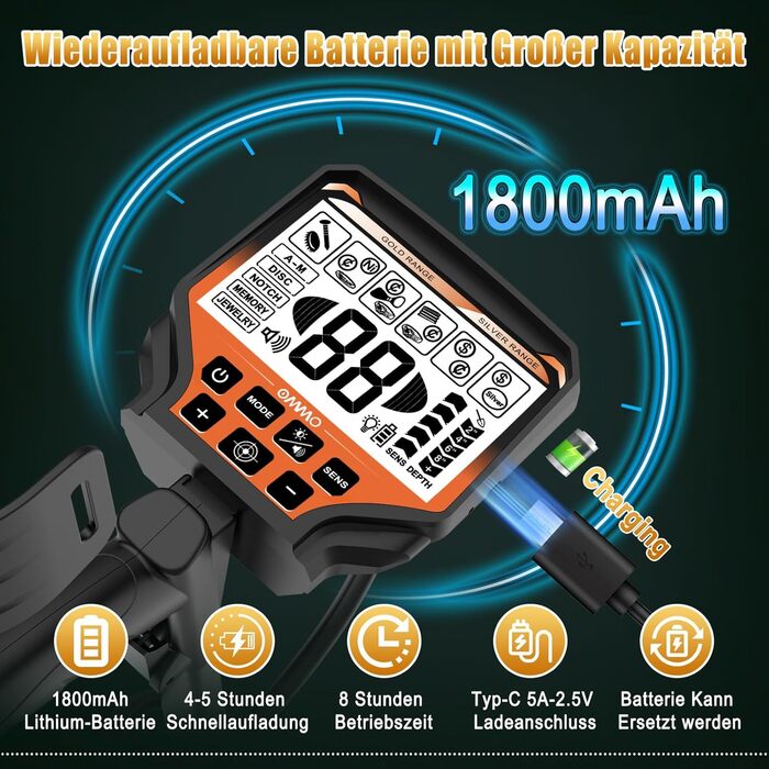 Металодетектор OMMO для дорослих: професійний набір, 6 режимів, вологостійкий, IP68, світло-помаранчевий