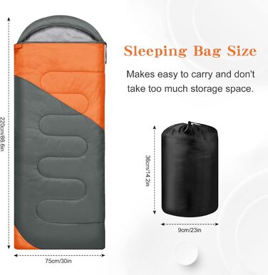 Yarmiene 3-4 Season Sleeping Bag - Adult & Kids Outdoor Sleeping Bag, Rectangular, Warm & Portable for Camping & Hiking (Gray & Orange)