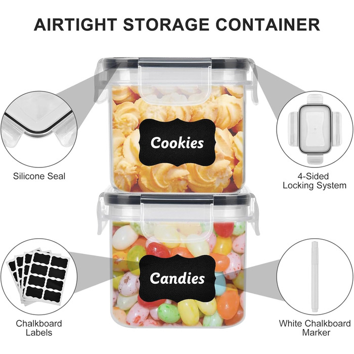 12 контейнерів для зберігання продуктів, герметичні, BPA-free, PP, з замком, 0.8л (Чорний) + 32 етикетки та маркер