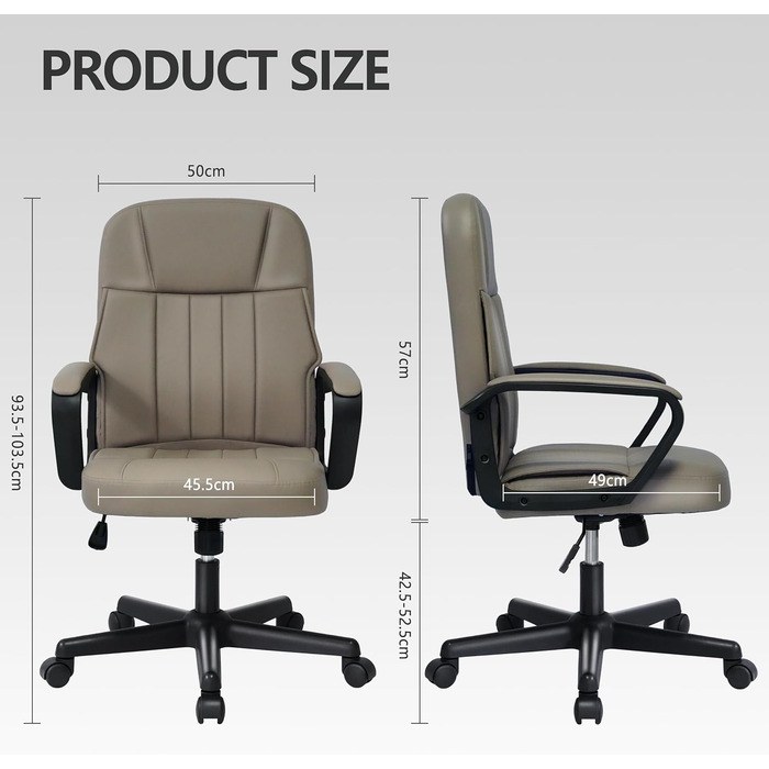 Офісне крісло MIXASTEP з PU-шкірою, регульована висота, поворотне, з підлокітниками, 360° коліщатка, для роботи, навчання, геймінгу (колір шампань)