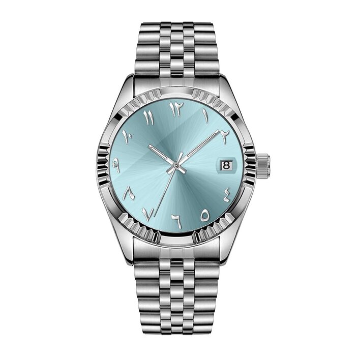 Елегантний механічний годинник з нержавіючої сталі з арабськими цифрами, автоматичним механізмом, 38 мм, чоловічий, з датою, водостійкий (світло-блакитний)
