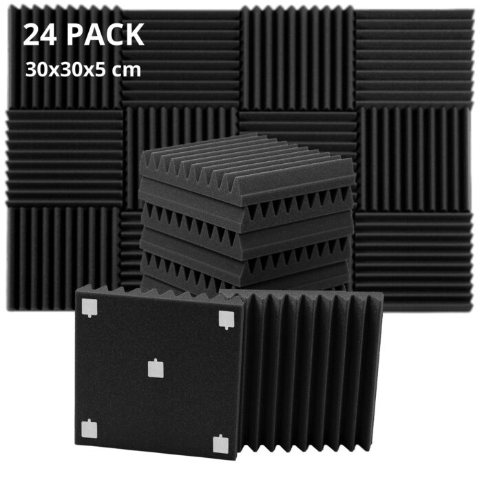 Акустичний поролон для звукоізоляції, набір 24 панелі 30x30x5 см, шумопоглинаючі панелі для стін студії звукозапису, антрацитово-сірий, з клеєм