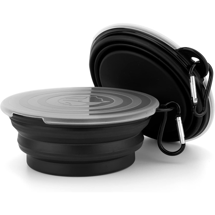 Складані годівниці для собак SLSON, 2 шт., з кришкою та карабінами, для прогулянок, подорожей та повсякденного використання, чорний, маленькі