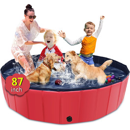 Foldable Dog Pool, 100 x 30.5 inches, Oversized, Hard Plastic, Portable, Swimming Pool for Dogs, Cats, and Children, Pet, Puppy Bathtub, Collapsible, Kiddie Pool (Red, 220cm)