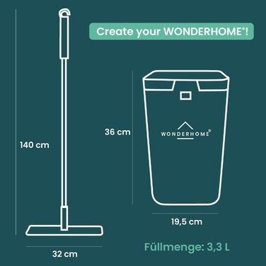WONDERHOME Floor Wiper Set with Bucket - separates dirt from clean water - innovative 3-chamber mop cleaning set + wringing function - Classic [Order now with extended 140cm pole!]