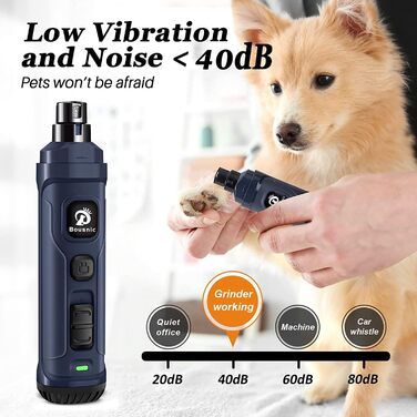 Шліфувальник для собак Bousnic Krallenschleifer з 2 LED-ліхтариками - тихий, потужний електричний триммер для догляду за кігтями собак та котів (Navy)