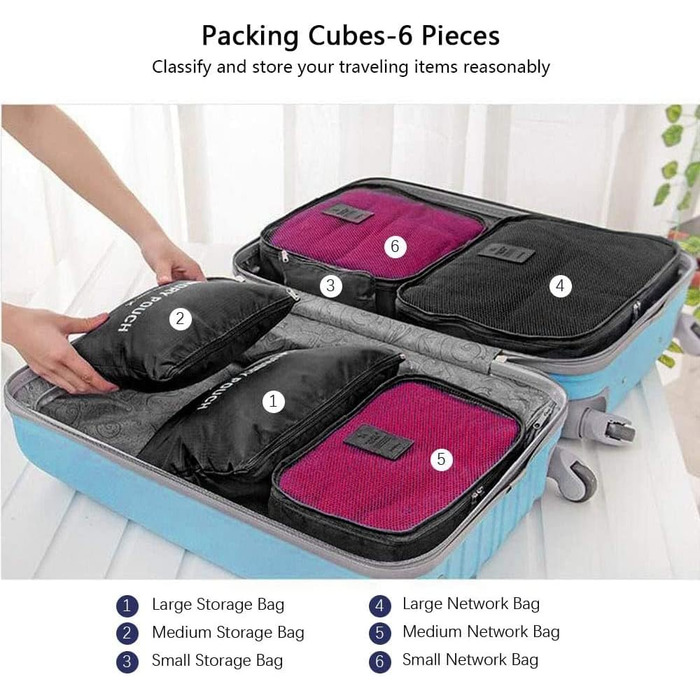 Органайзер для валізи Vicloon 8-в-1: комплект для подорожей, водонепроникні сумки для одягу, взуття та косметики (чорний)