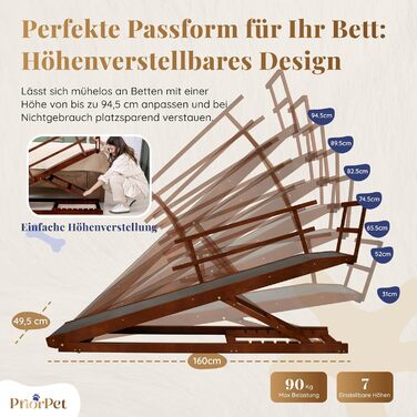 Східці для собак до ліжка з огорожею - для великих собак до 90 кг - регульована висота до 94.5 см - ширина 49.5 см - складаються - антиковзні ручки - з берези - колір натуральний (волоський горіх)