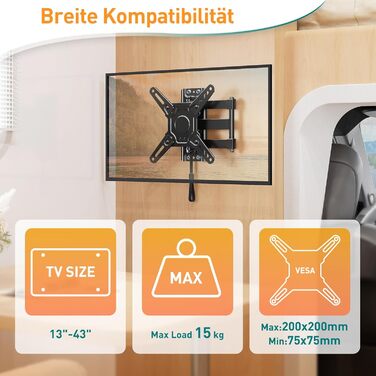 Кріплення для телевізора ELIVED RV TV - для кемпінгу, автодому, вантажівки. Підходить для телевізорів 13-43 дюймів, VESA до 200x200 мм, до 15 кг. Регульоване кріплення.