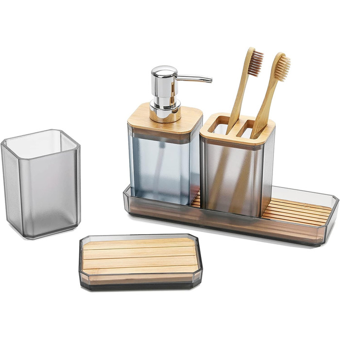 Набір аксесуарів для ванної кімнати FEILANDUO, 5 шт: дозатор для мила, мильниця, тримач для зубних щіток, стакан для води, піднос для косметики, Бохо, сучасний дизайн (сірий)