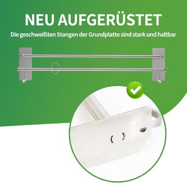 Тримач для рушників на стіну без свердління, нержавіюча сталь SUS304, 3 стійки, 2 гачки, багатофункціональний, для ванної кімнати та кухні (сріблястий, 43.5 см)