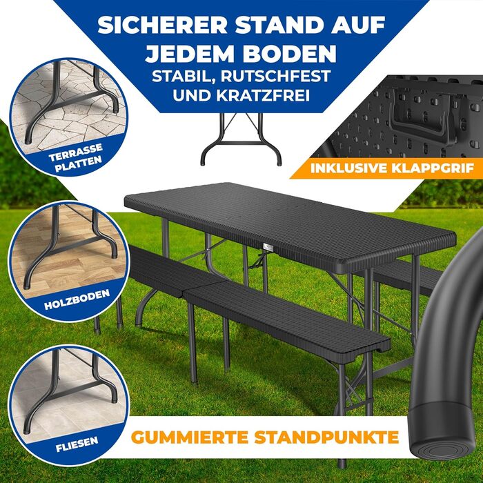 Стіл KESSER® для пікніка, розкладний, пластиковий, 183x76 см, ротанг, 6 осіб, для саду, тераси, балкону, з ручкою, антрацит