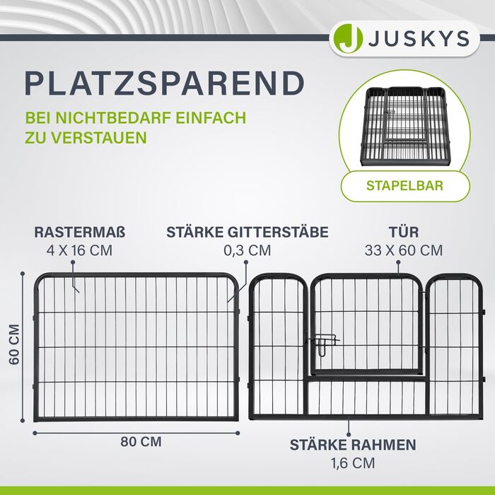 Металевий вольєр для цуценят Juskys - 8-секційний, з дверцятами (160x160x60 см)