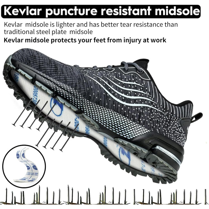 Чоловічі та жіночі робочі черевики з металевим капаком, спортивні, з амортизацією, неслизькі (47 EU, Сірий)