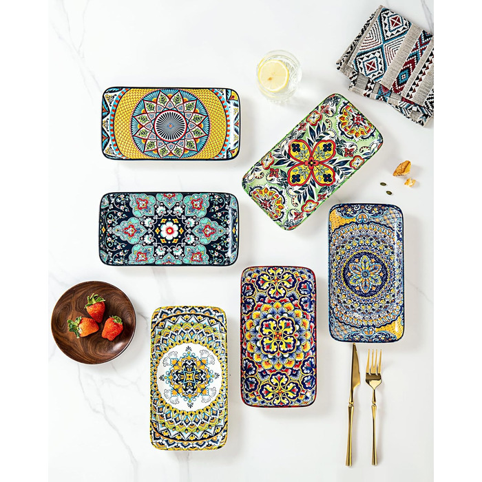 Сервіровочні тарілки HENXFEN з порцеляни, 10 дюймів, набір прямокутних тарілок для салату, закусок, сашимі, богемний квітковий дизайн у 6 яскравих кольорах