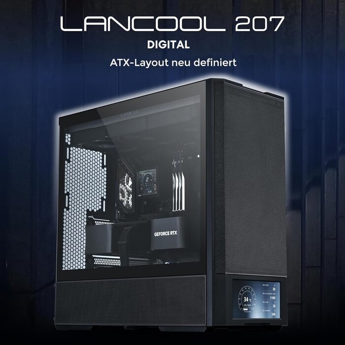 Ігровий корпус для ПК Lian Li LANCOOL 207 Digital ATX Midi Tower, чорний, з LCD-дисплеєм, підтримка відеокарт до 375 мм та радіаторів до 360 мм