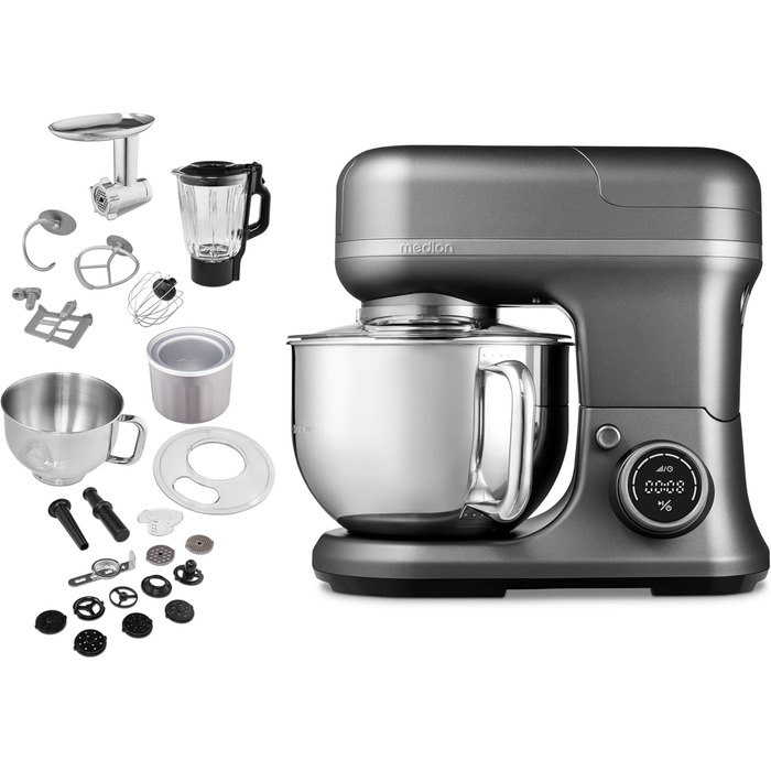 Кухонна машина MEDION MD18430: 3-в-1 (міксер, м'ясорубка, тістоміс), 5 л чаша з нержавіючої сталі, 1200 Вт, цифровий дисплей, чаша для льоду, титан