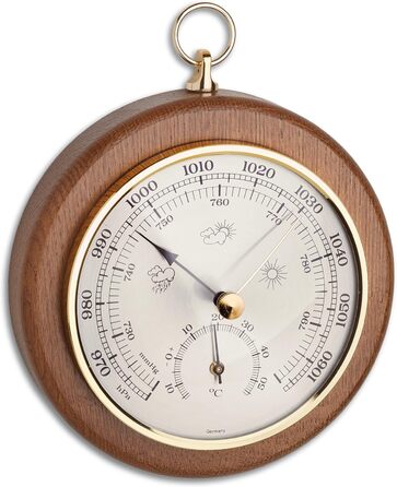 TFA Dostmann Analog Barometer Thermometer, 45.1000.01, for measuring air pressure and temperature, made of oak