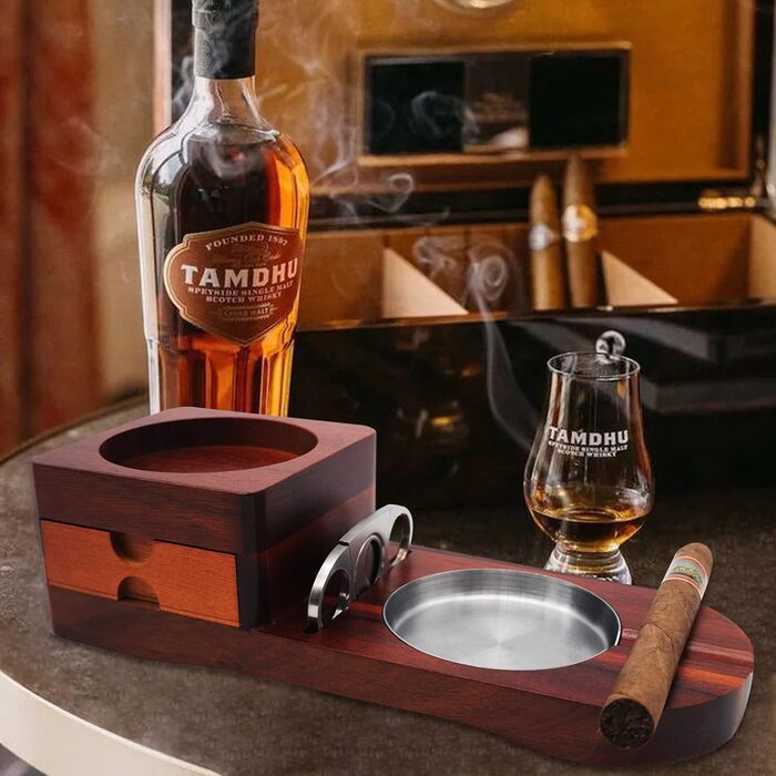 Wood Cigarette Ashtray Whiskey Coasters - Crefun CK2631 cigar accessories for men Whiskey cigar gift set, with removable ashtray drawer, cigar cutter and 2 cigar holders with drawer